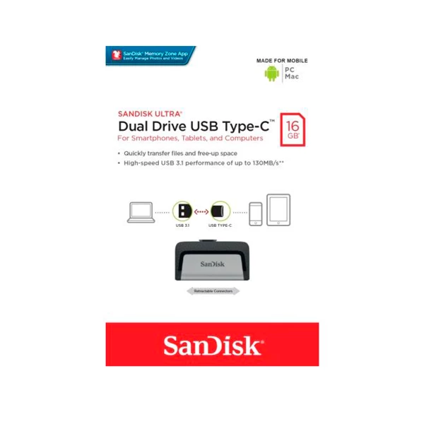 PENDRIVE USB 3.1 TIPO C 16GB Ultra Dual Drive SANDISK