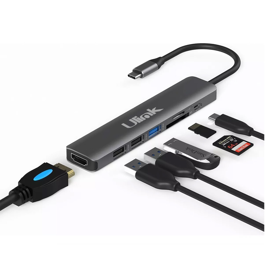 ADAPTADOR MULTIPUERTO USB-C 7 EN 1/USB3.0*1/HDMI*1/SD/MCSD*1/USB2.0*1/USB-C*1 PD 100W ULINK