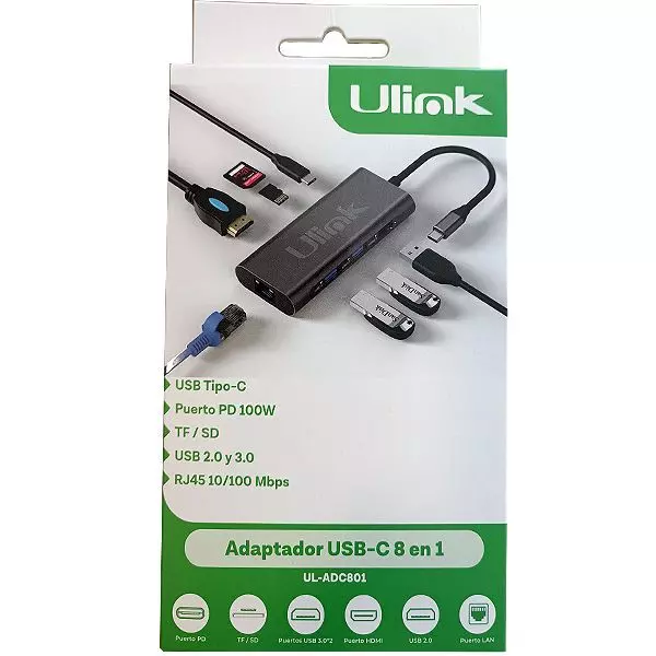 ADAPTADOR MULTIPUERTO USB-C 8EN 1 USB2.0-3.0-C/PD/SD/TF/LAN/HDMI ULINK