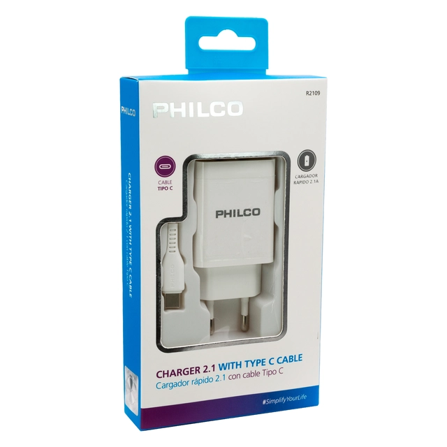 CARGADOR DE MURO PARA CELULAR USB C 2.1A DOBLE  CON CABLE TIPO C 10W/ R2109 