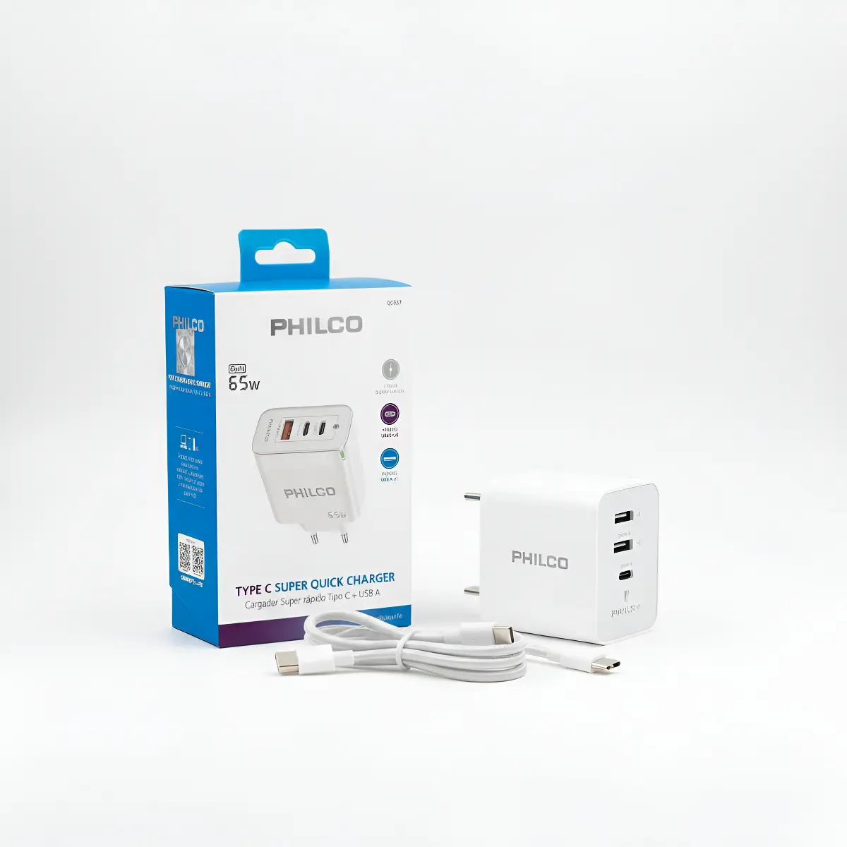 CARGADOR RAPIDO 65W 2USB-C/1USB-A + CABLE C 1MT QC667 PHILCO