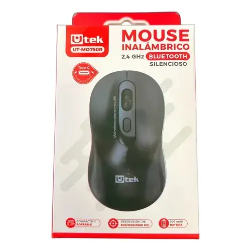 MOUSE INALAMBRICO RECARGABLE USB-C 2,4HZ + BT NEGRO UT-MO750R UTEK