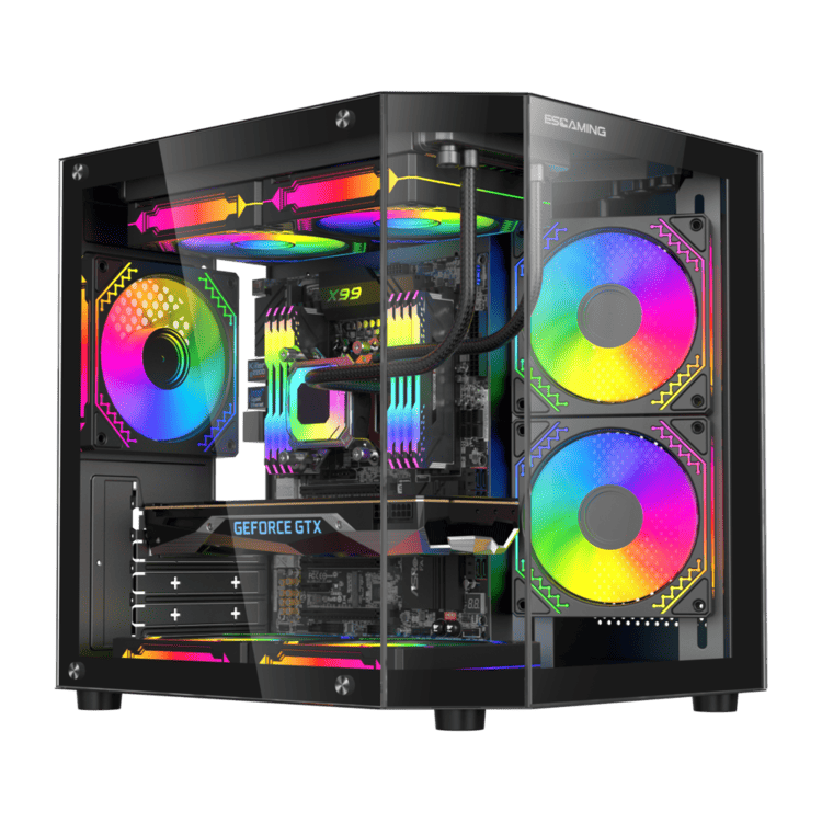 GABINETE GAMER REBEL MATX BLACK ARGB (5 FAN)  2 FAN MB/ 2 FAN ABAJO, 1 FAN TRASERO S/ FUENTE/ USB 3.0/ USB C