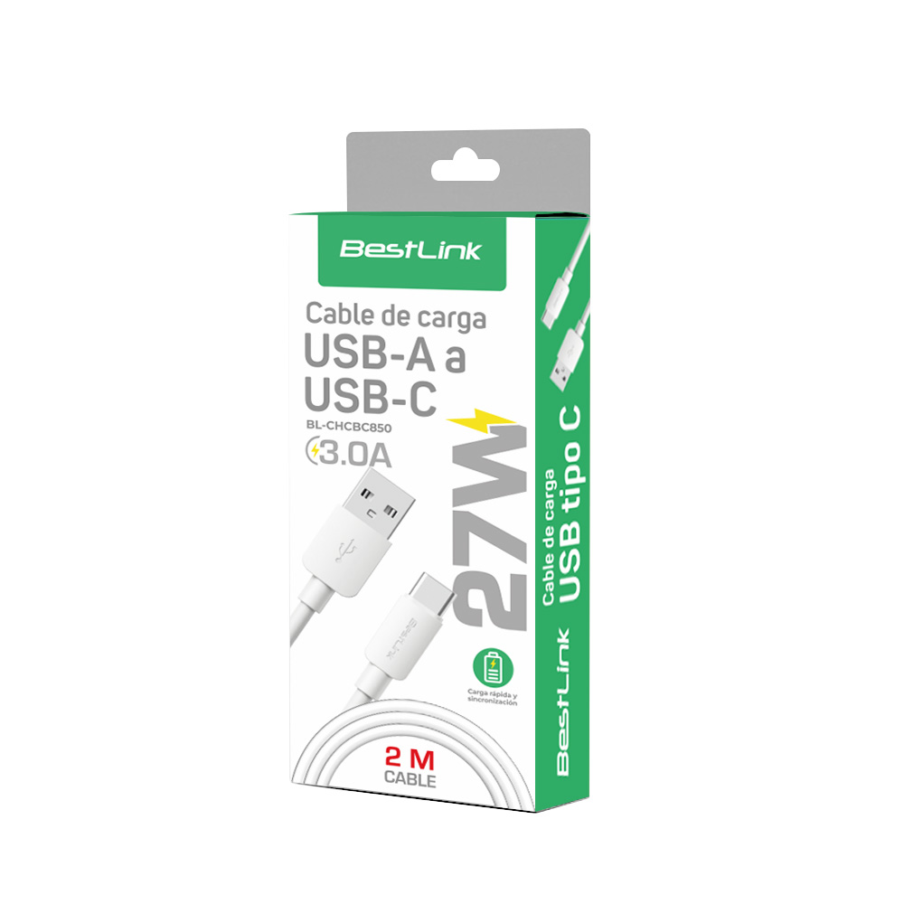 CABLE CARGA/DATOS USB-A/USB-C 3.0A 27W 2MT BL-CHCBC850 BLANCO BESTLINK